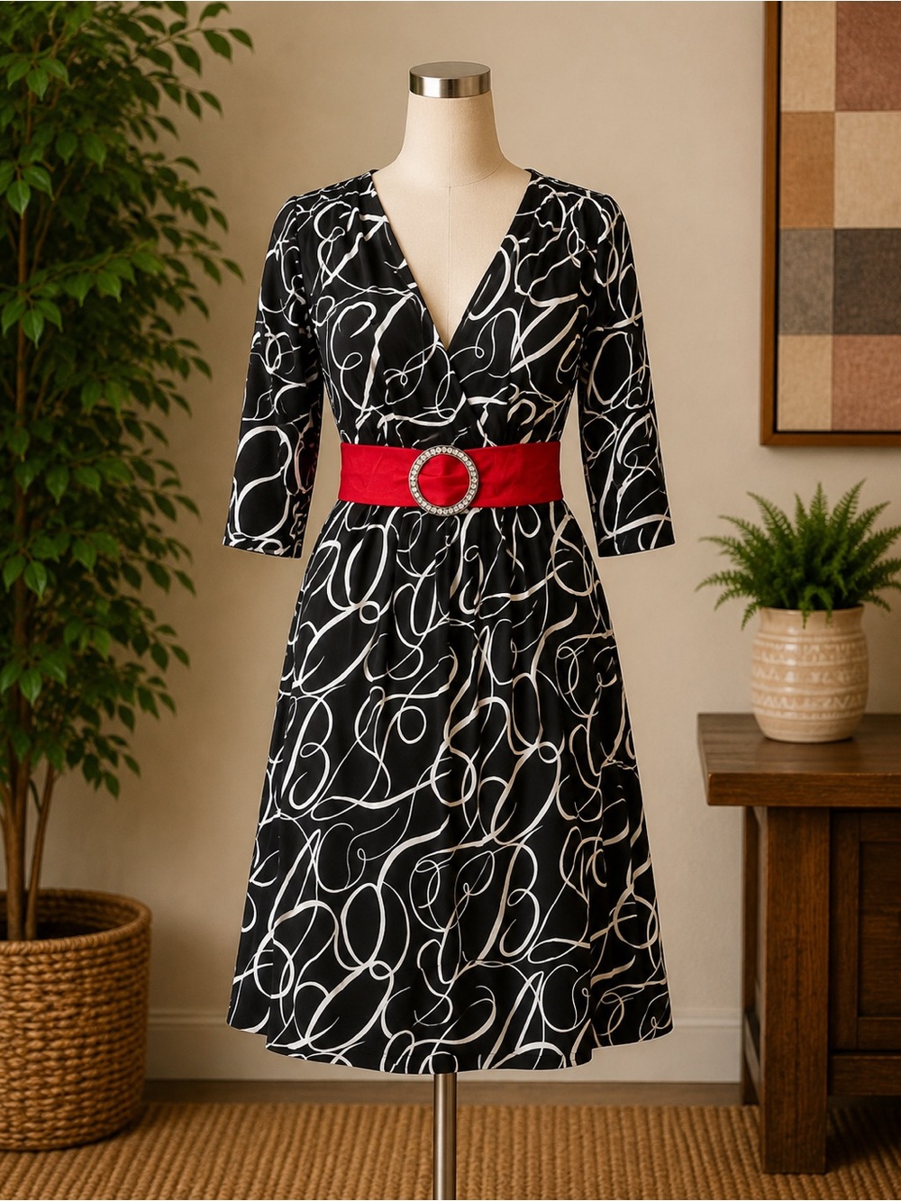Body Central Black & White Abstract Midi Dress with Red Belt